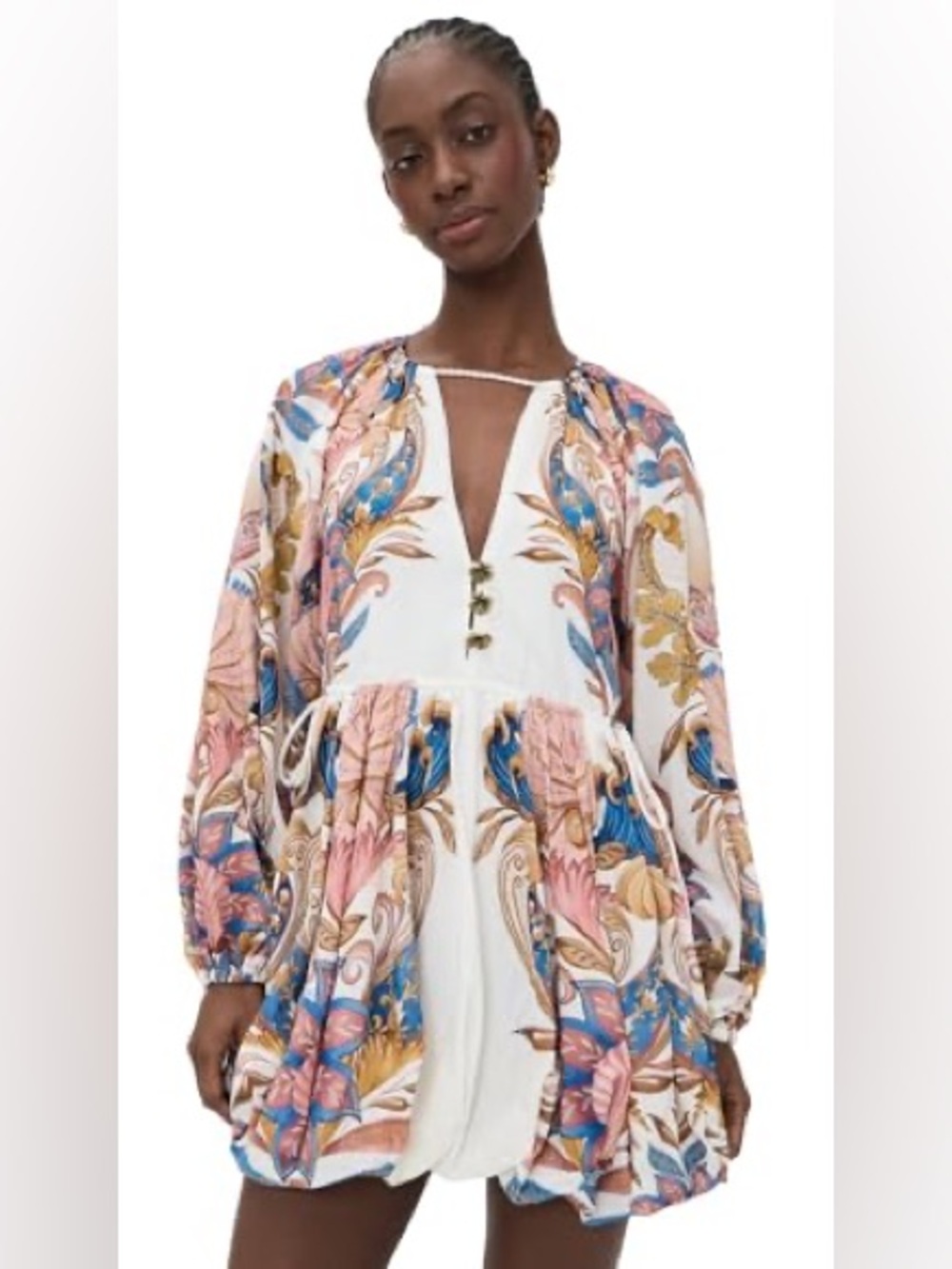 NWT Farm Rio Sea Garden Long-Sleeve Plunge Mini Dress
